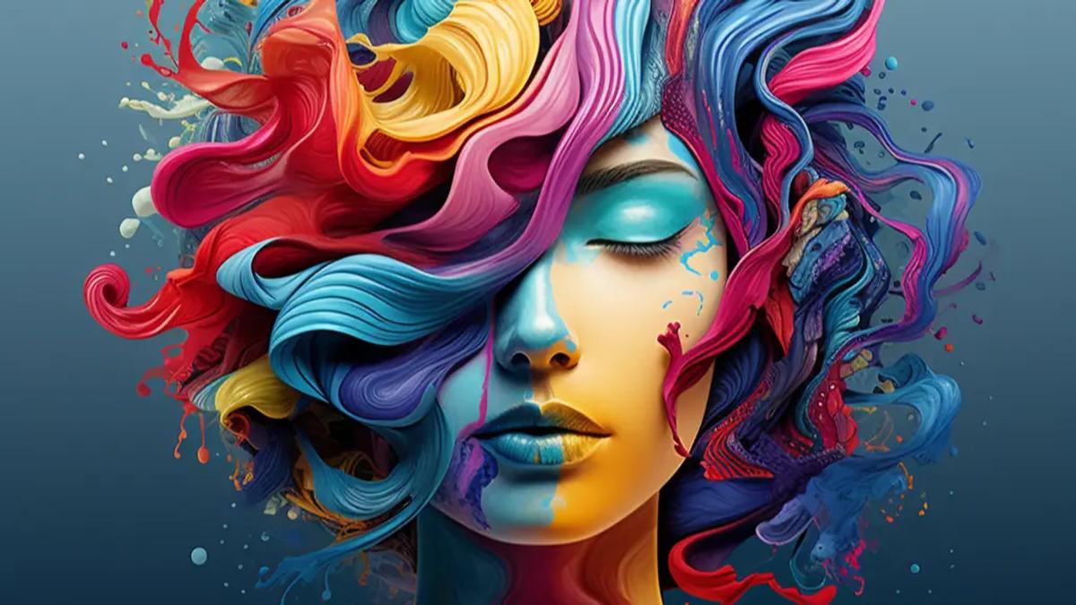 Ladies face and hair accented by different vibrant colours