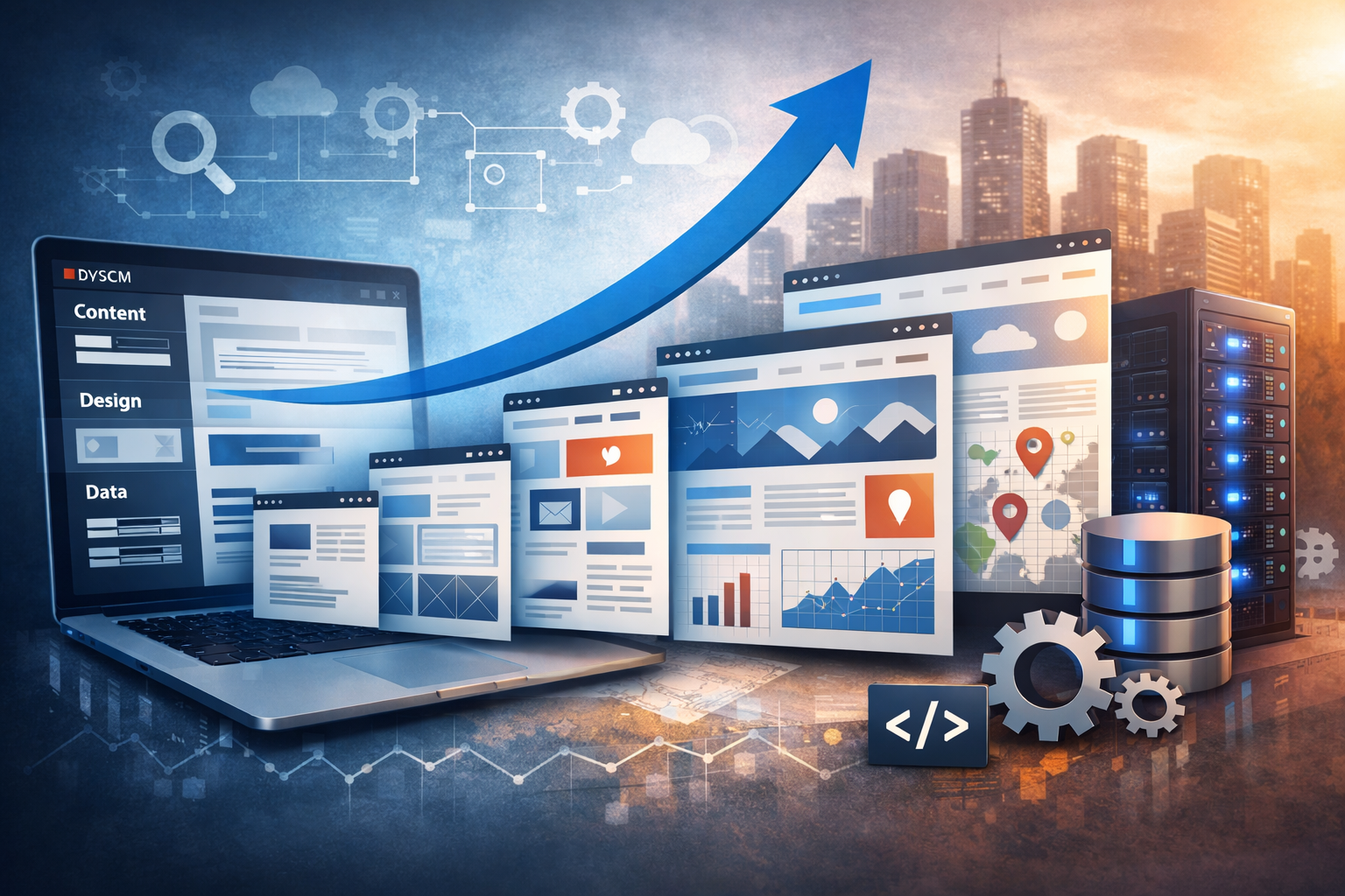 Laptop with various mockup designs popping out of screen