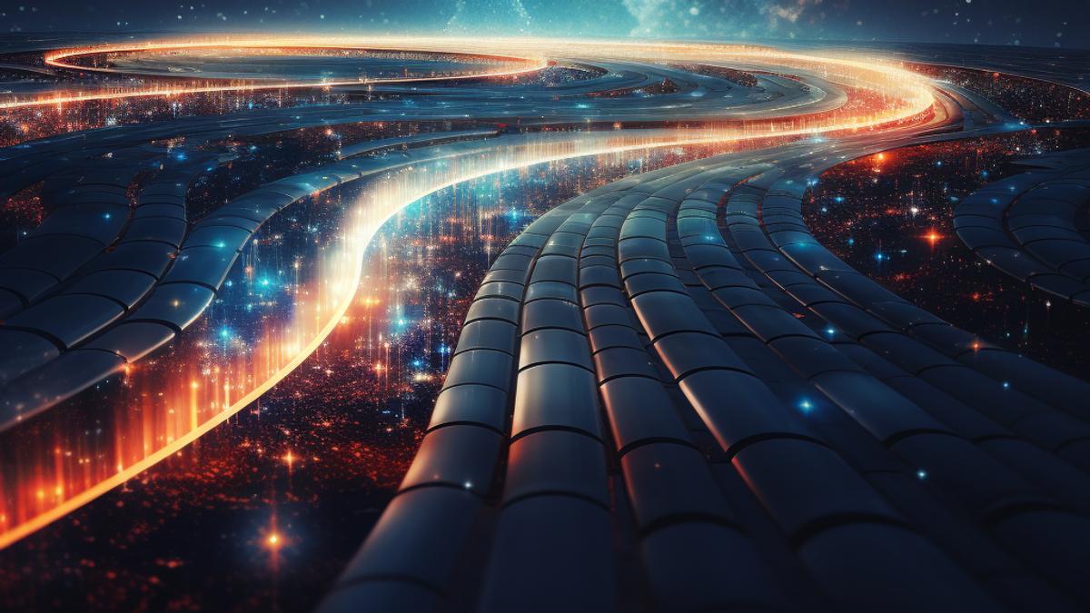 A picture of a pipeline in space meant to illustrate a CI/CD pipeline.