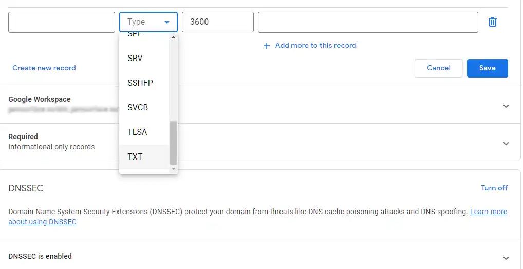 Dns record settings in Google domains