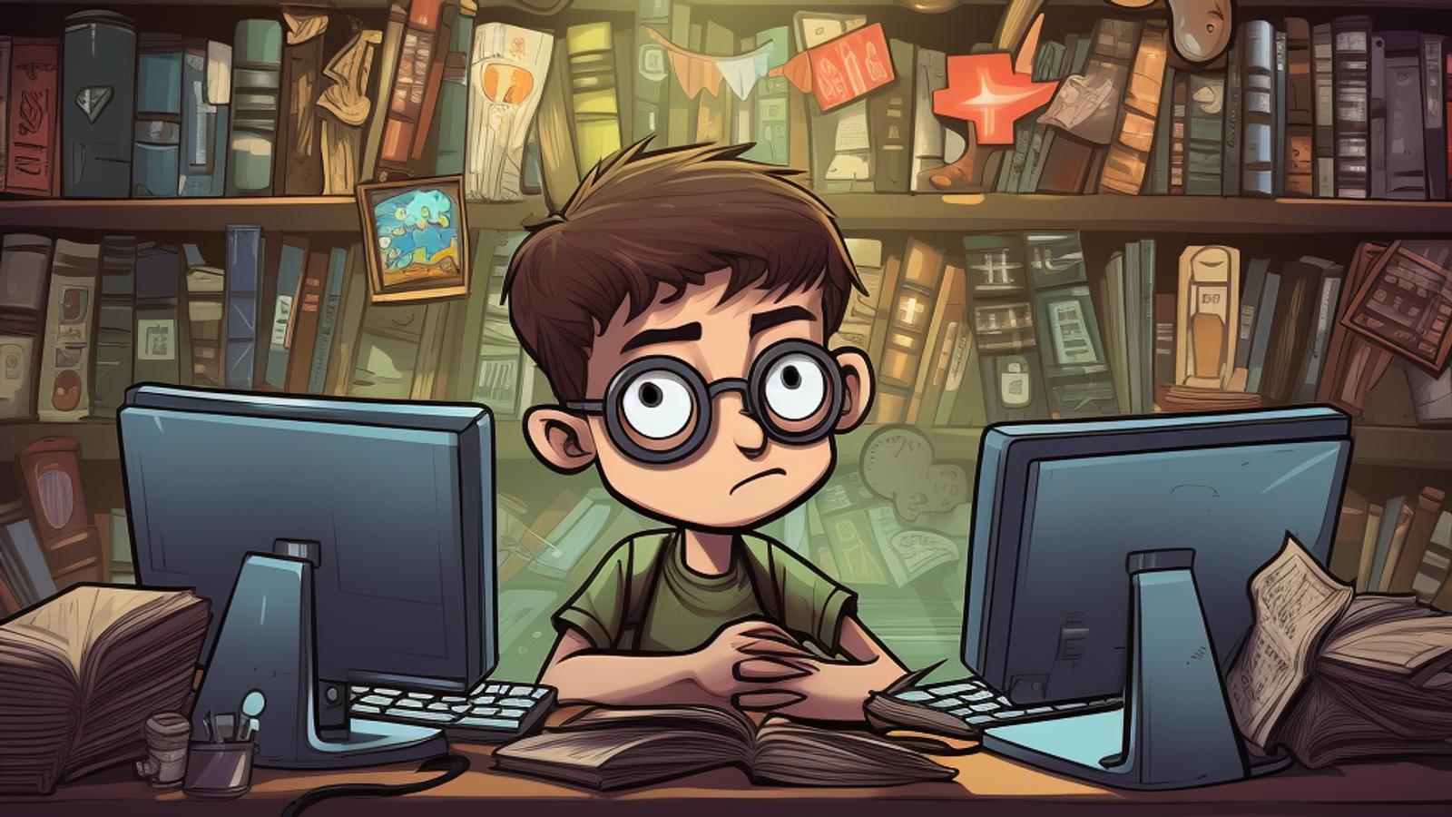 A picture of a programmer sitting in a library.