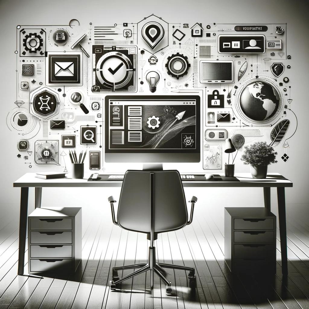 "Monochromatic image depicting a contemporary workspace with a central desk and an office chair, flanked by cabinets. The desk hosts a computer screen with stylized digital icons orbiting around it, symbolizing website customization, templates, and user-friendly design features. The icons include a globe, mail envelope, gears, clocks, and security shields, alluding to the diverse functionalities of website building platforms. The setting exudes a sleek, professional tech ambiance.