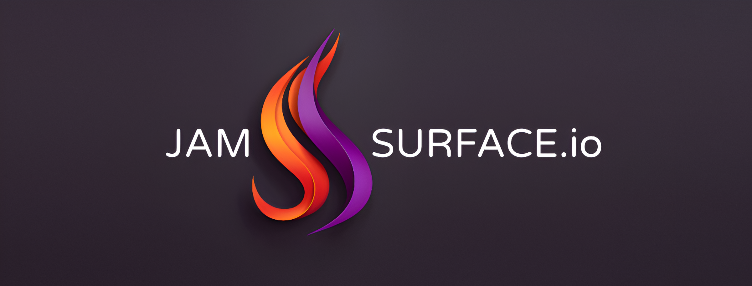 The image features a stylish and modern logo design with the text "JAM SURFACE.io". The logo consists of a dynamic flame-like graphic with gradients of orange, red, and purple, suggesting creativity and energy. The graphic element is placed between the words "JAM" and "SURFACE.io", which are written in a sleek, sans-serif font in white against a dark background, highlighting the company's modern and tech-savvy brand identity.