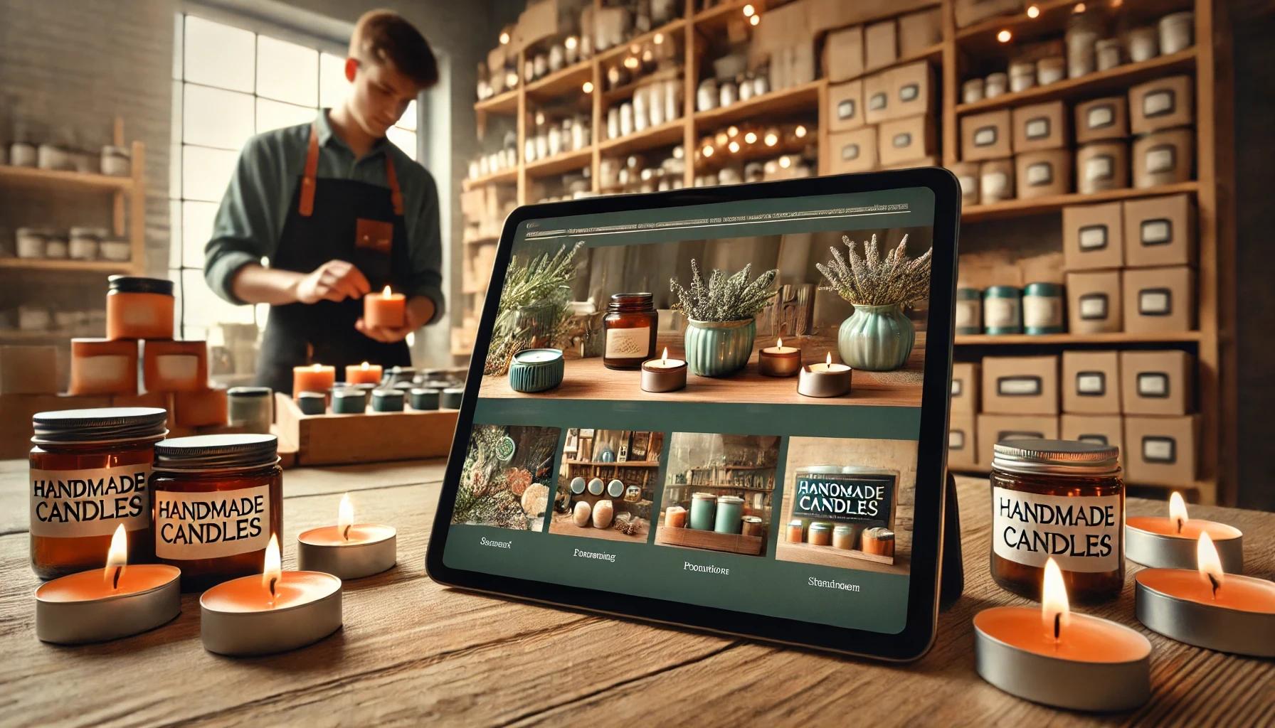 candle shop with tablet on table showing products