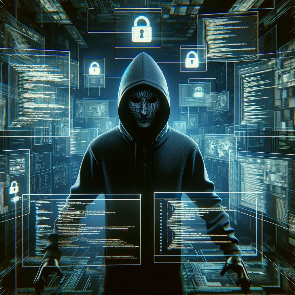 Digital concept art of a hacker in a dark room with multiple screens, depicting the threat of security vulnerabilities in web design. The hacker appears as a mysterious figure, with screens showing code and potential security breaches.