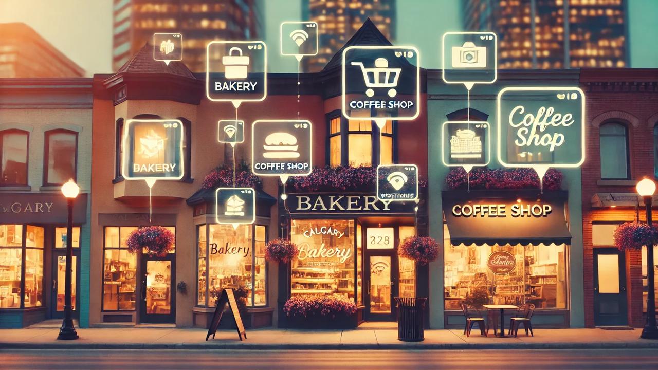 shops along street with digital website indicators above each shop.