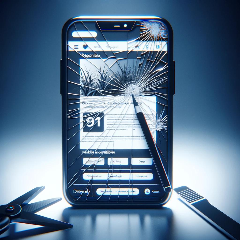 Conceptual image of a mobile phone with a broken screen, symbolizing mobile incompatibility in web design. The phone's screen displays a poorly formatted website, underscoring the importance of responsive and mobile-friendly design.