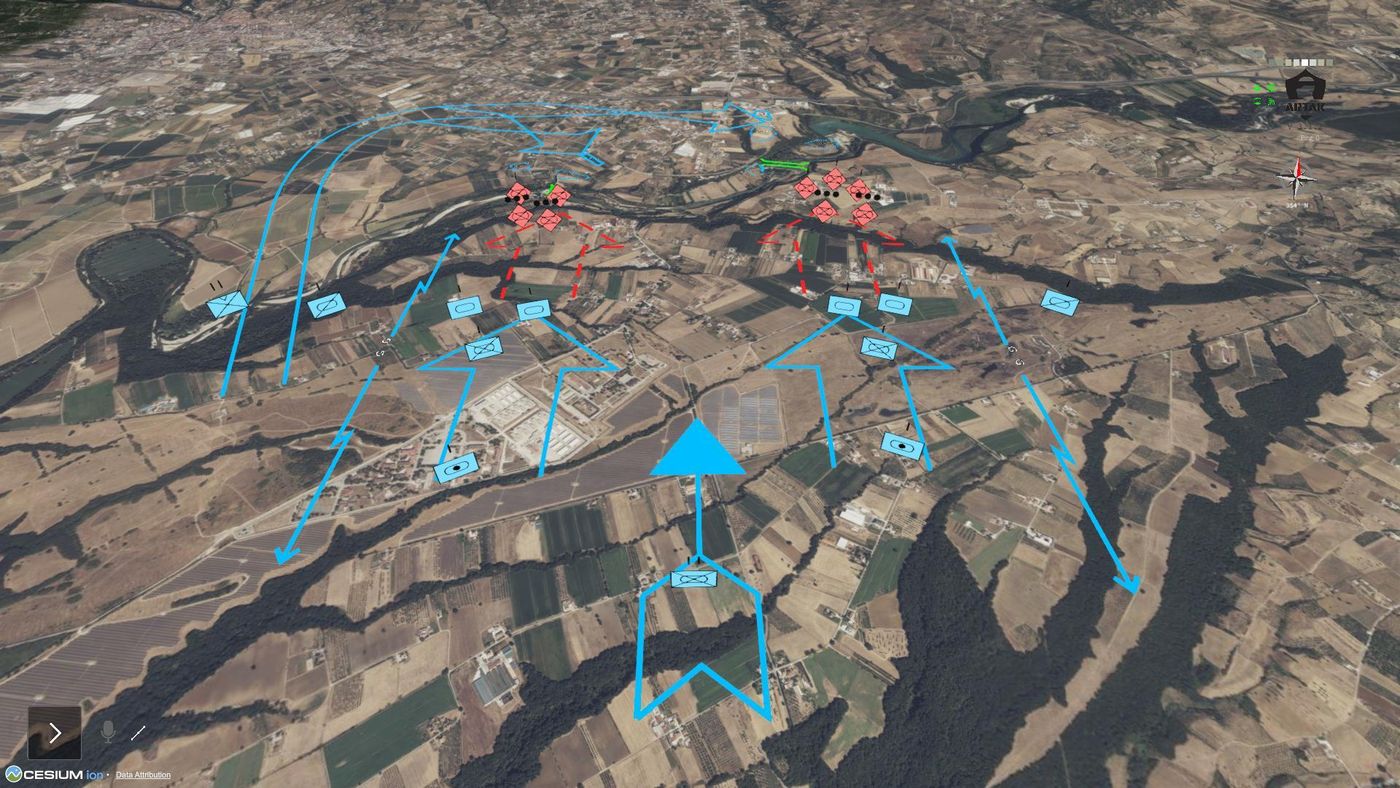 Birds-eye 3D terrain view with glowing MIL-STD tactical overlays showing unit symbols, attack arrows, phase lines, and engagement area boundaries over desert and scrubland — ARTAK Block 3 staff planning environment