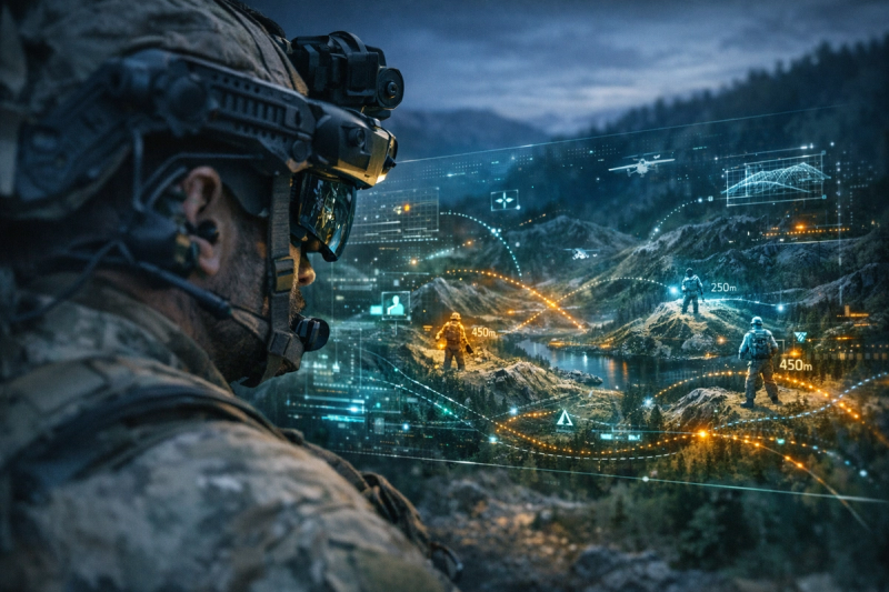 A soldier wearing an ARTAK enabled AR mixed-reality headset with a vivid 3D holographic common operating picture projected in front of them, showing terrain maps, unit icons, and GPS tracks glowing in a dusk tactical environment.