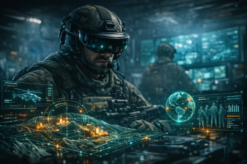 A soldier in a dark tactical environment wearing a mixed-reality headset, using ARTAK for holographic command-and-control overlays, maps, and data visualizations
