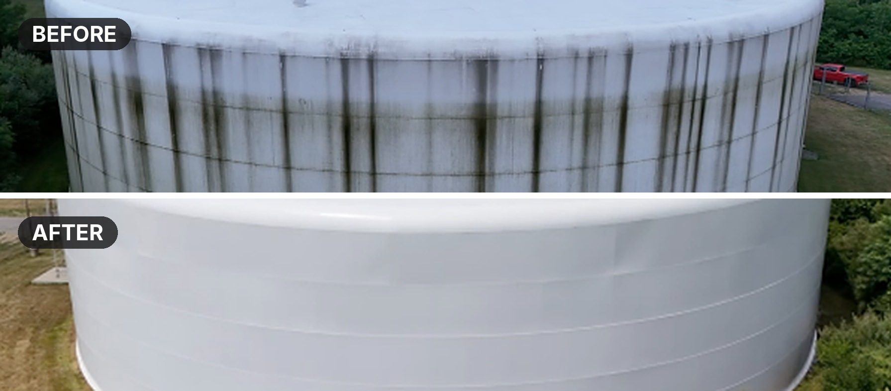The before picture has very dark, almost black, vertical stripes of mildew on the water tower. The after is a fully white water tower.