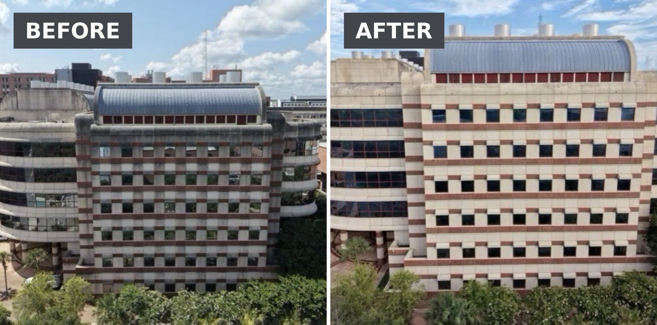 The before building is dark. The after picture shows pale beige building.