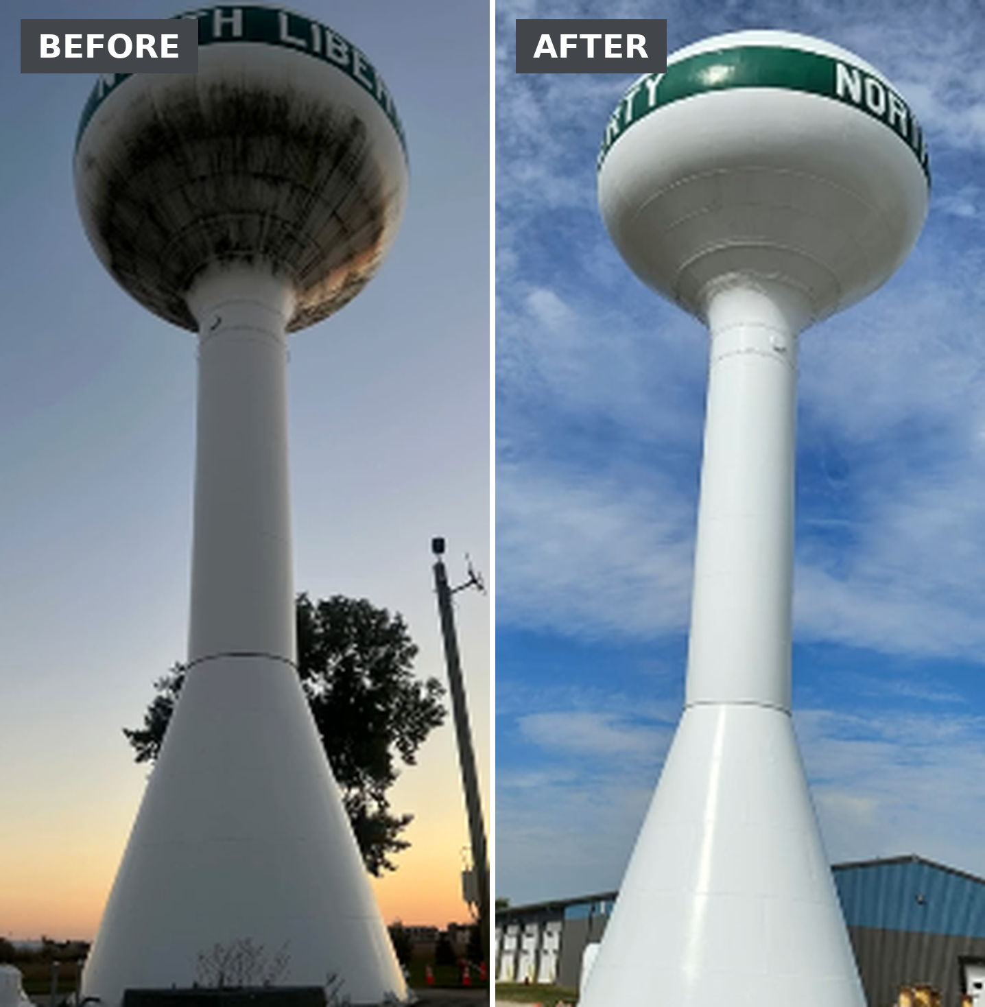Before picture shows very dark mildew that covers the entire bottom of the water tower. The after picture has no streaks and a white bottom for the water tower.