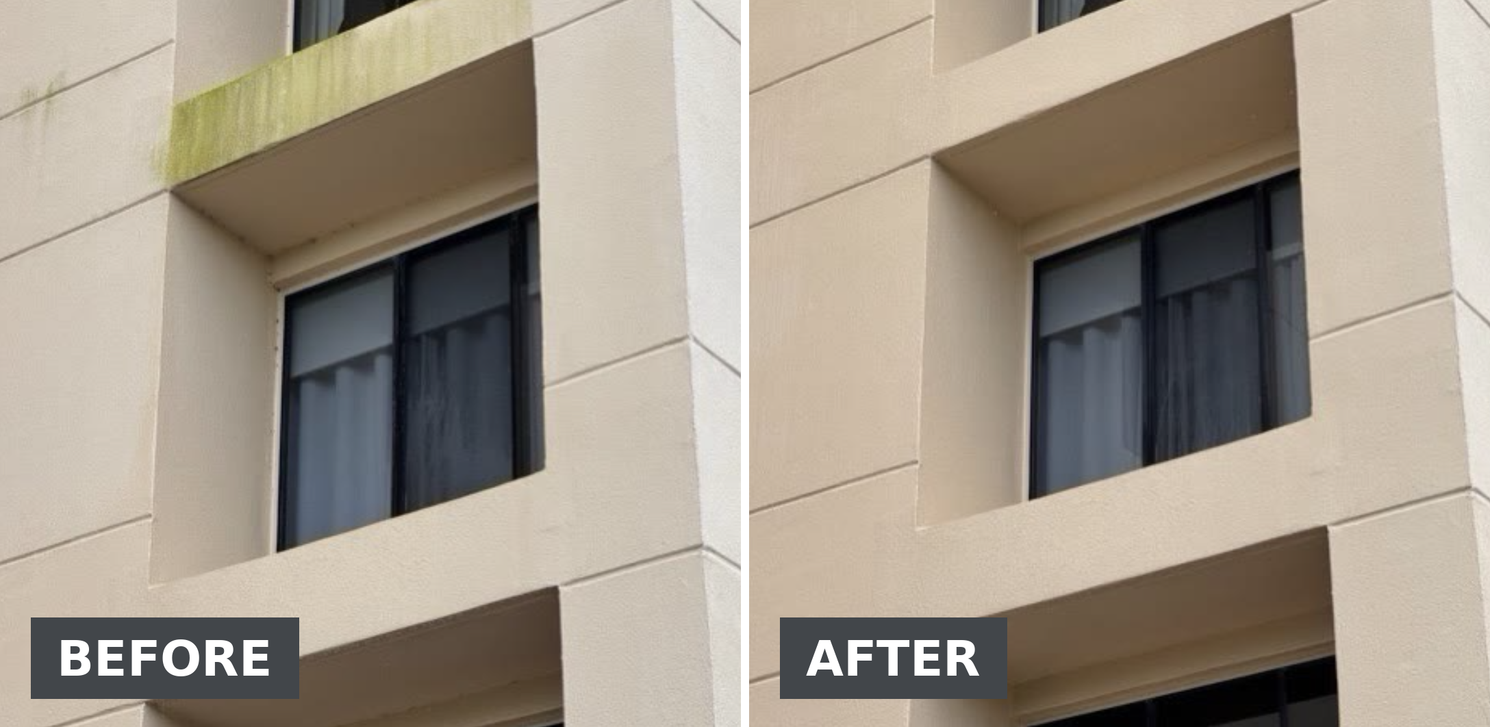 The before picture has lots of green mold on a window ledge. The after image shows the building without the mold.
