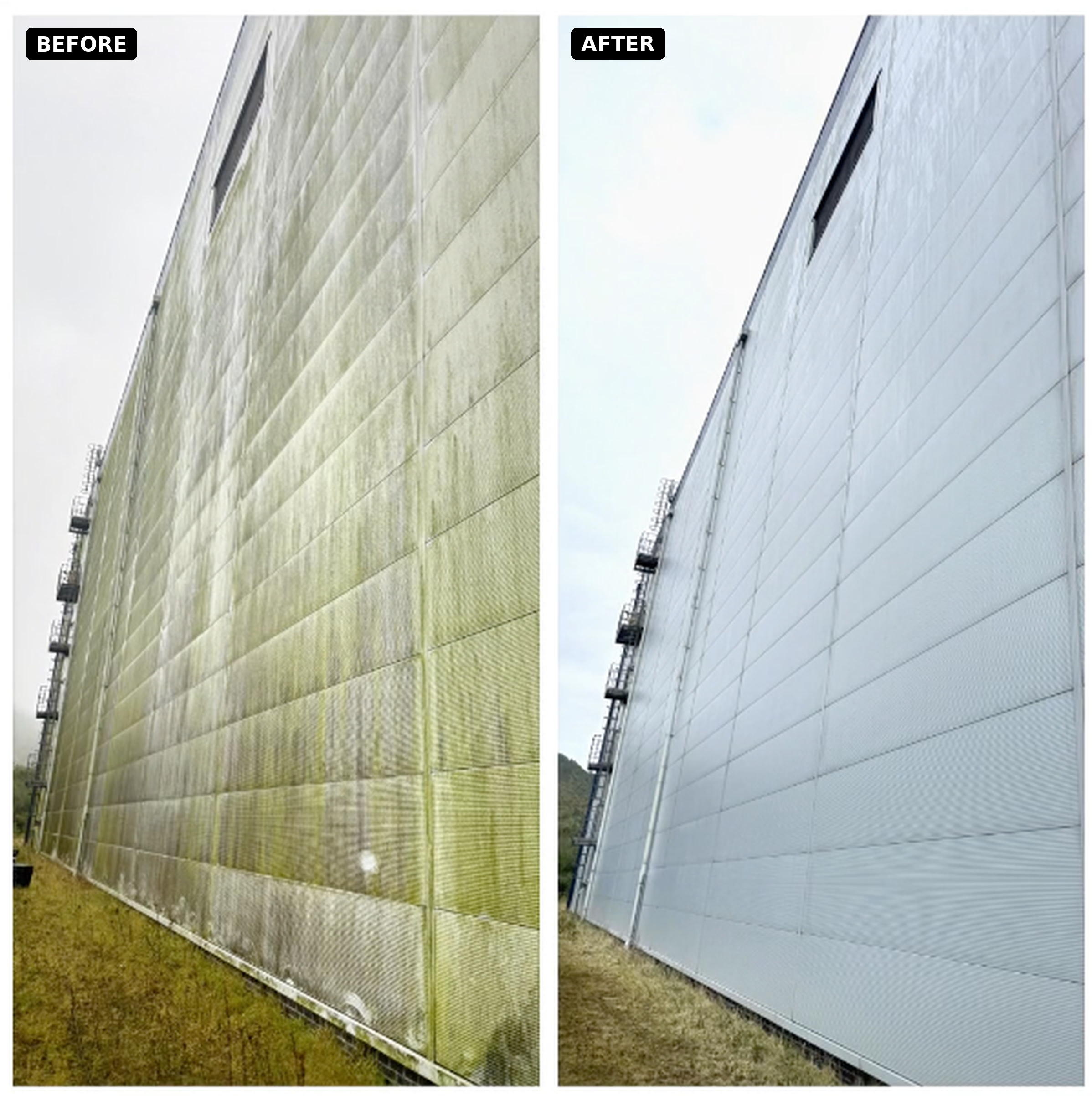 Before: metal is dark green with black spots. After: White metal.