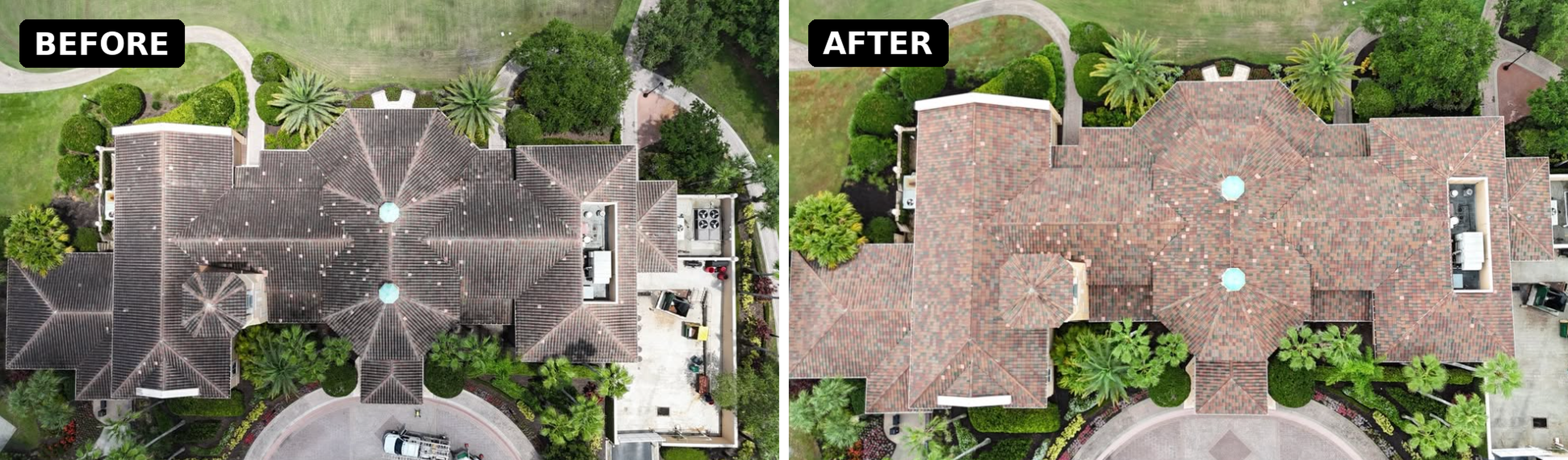 Before picture is a large mansion with dark roofs. After picture the mansion has a clean red tile roof.