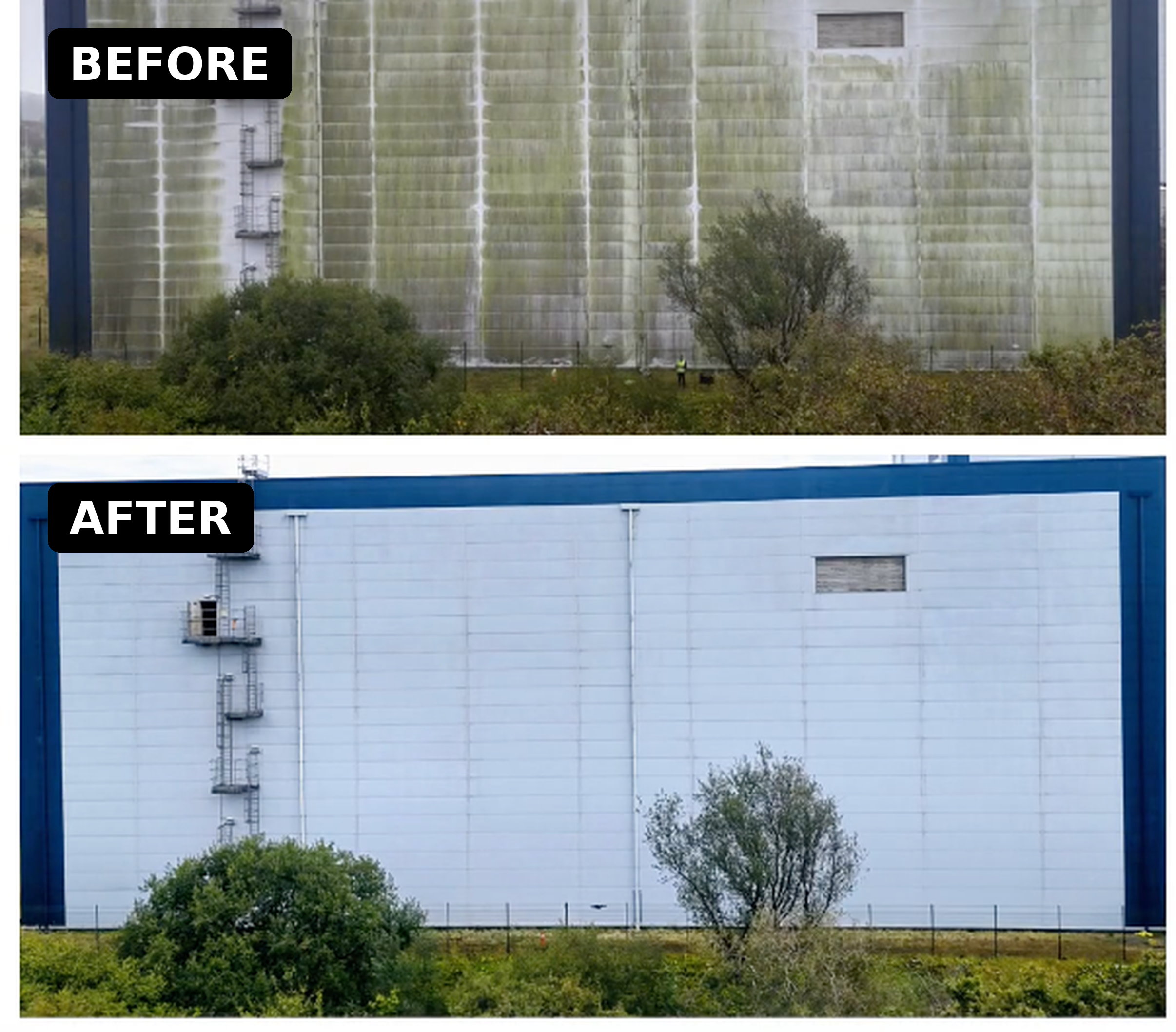 Before image of a dark green and black metal warehouse wall that is several stories tall. After picture of the same wall that is now white.