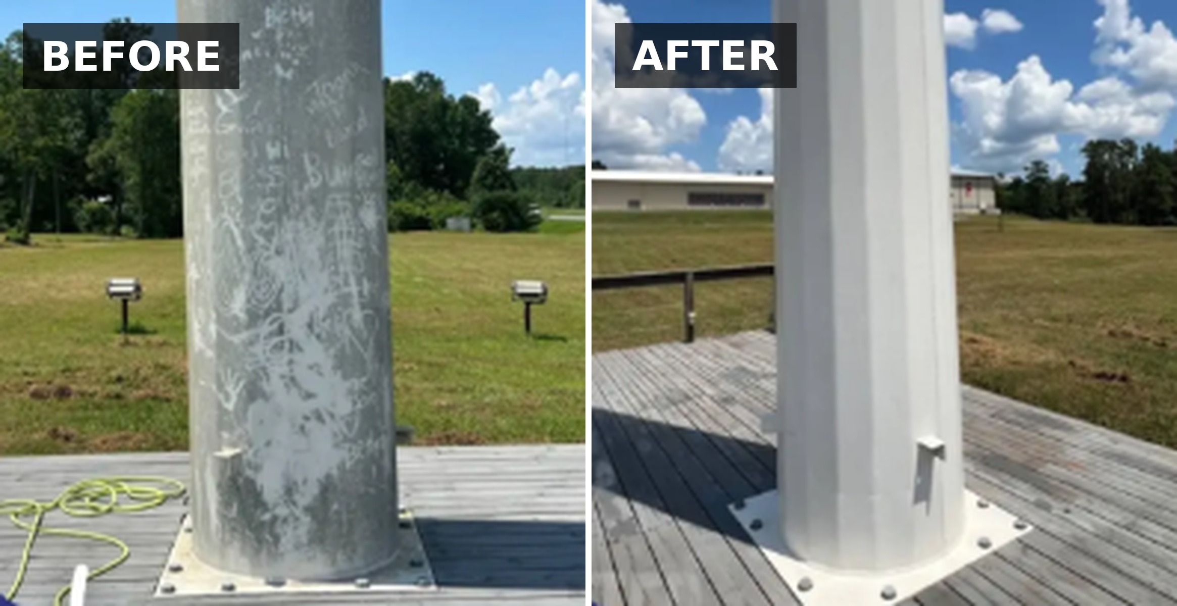 Before shows a dark gray base with scribbles and hand prints. After shows a clean white pole.