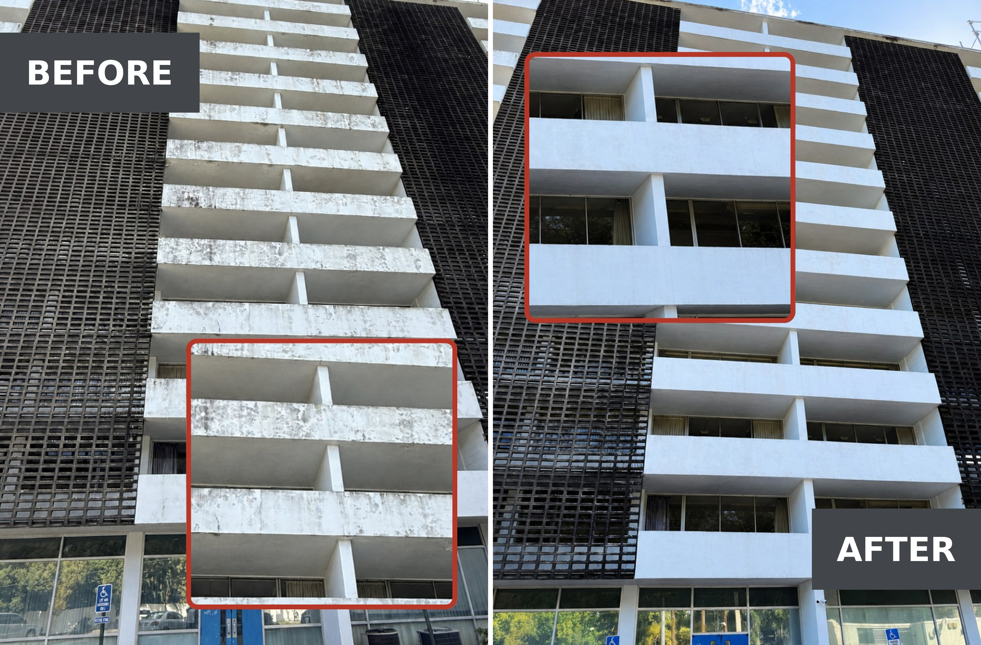 The before image shows mold growing on balconies, with the mold clustered on the top of the balcony. The after pictures have no mold.