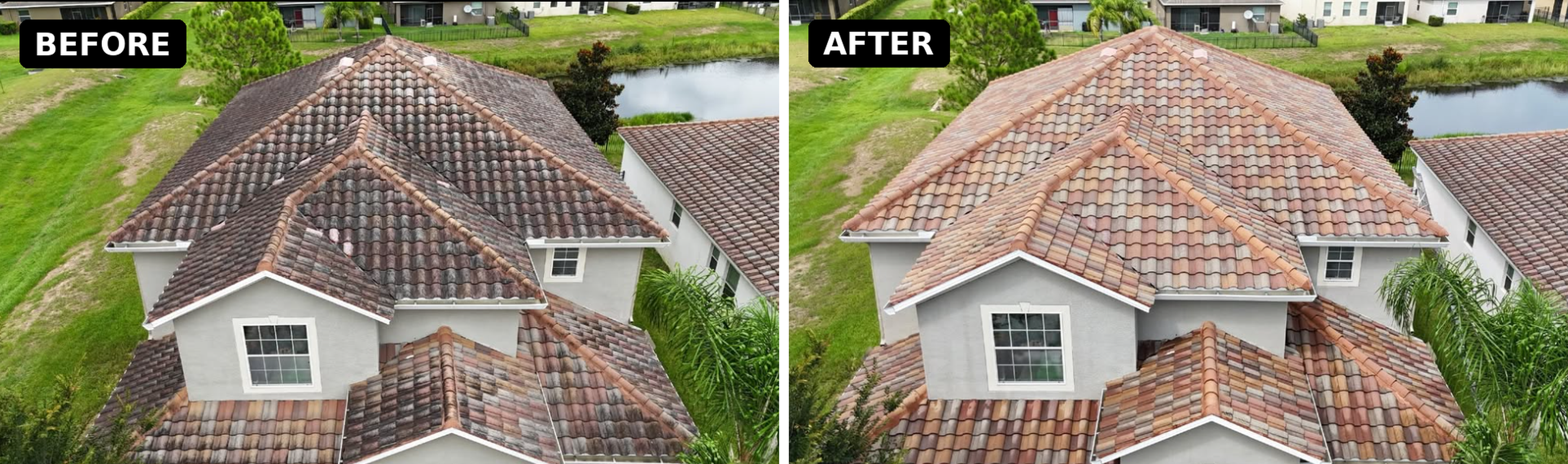 Before picture is a dark mildew on a red tile roof. After picture is a red tile roof with no black mold.