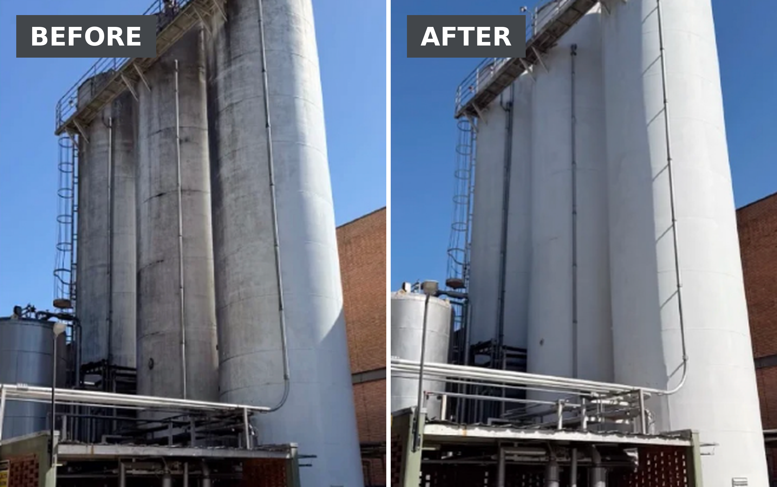The before picture has dark grey streaks on the left side. The after picture is pure white silos.