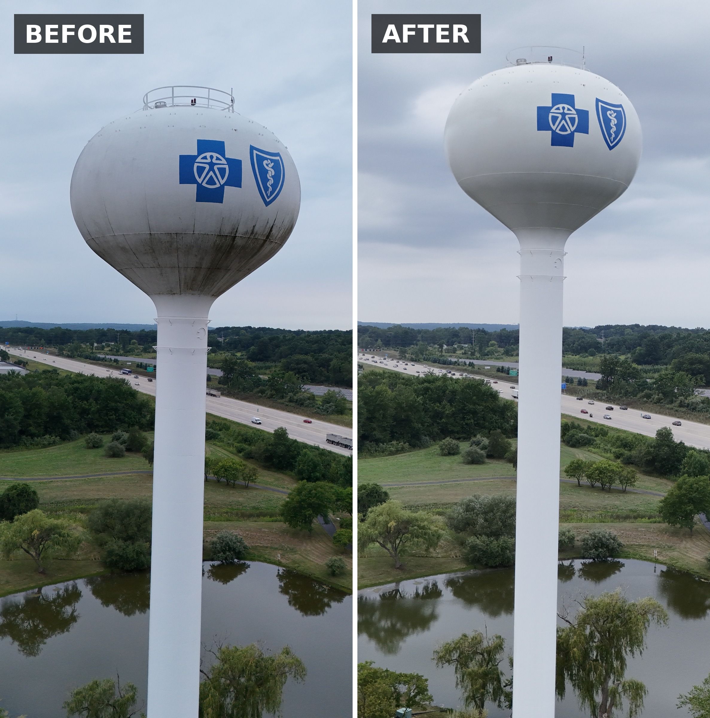 Before picture there is dark mildew on the bottom of the water tower with the Blue Cross Blue Shield logo. The after photo has no more mildew at the bottom of the water tower.
