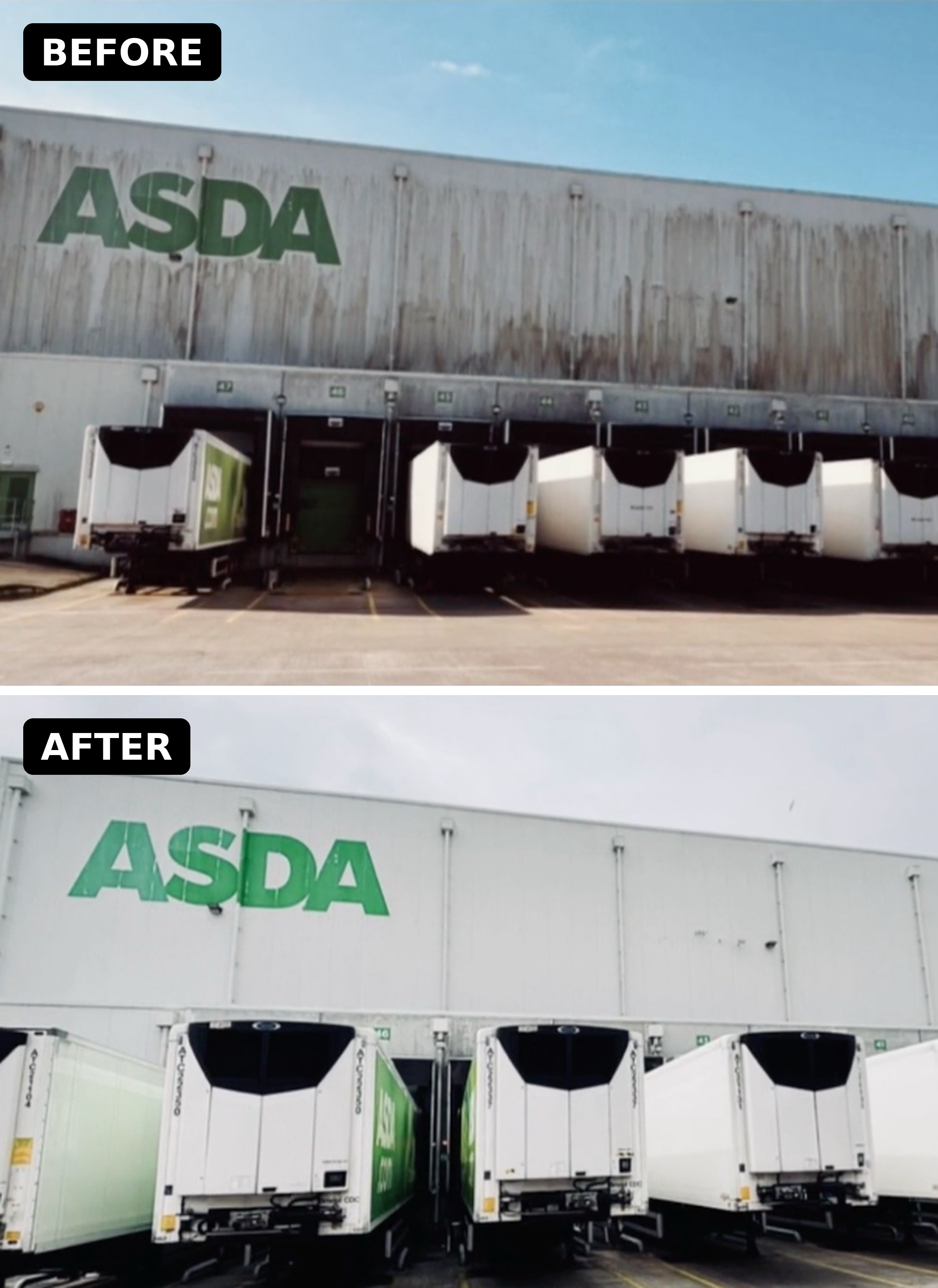 Before picture there is black streaking on an ASDA warehouse, with the black streaks getting worse at the bottom of the warehouse. After picture is a white building with the green ASDA logo looking brighter green.