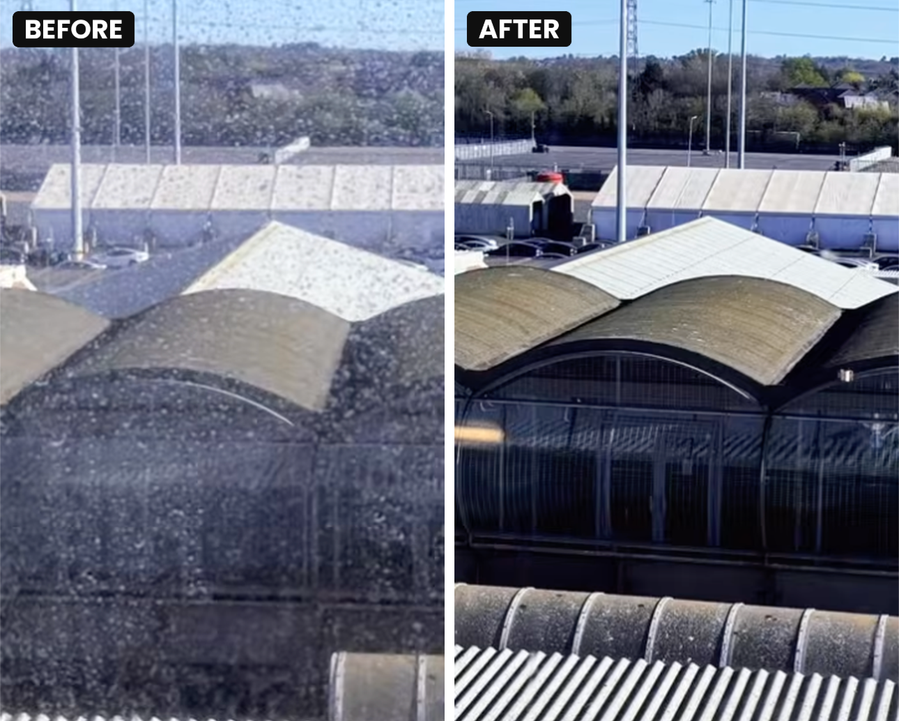 Before is a picture through a window that is highly spotted and difficult to see through. The after picture is clear and spotless.
