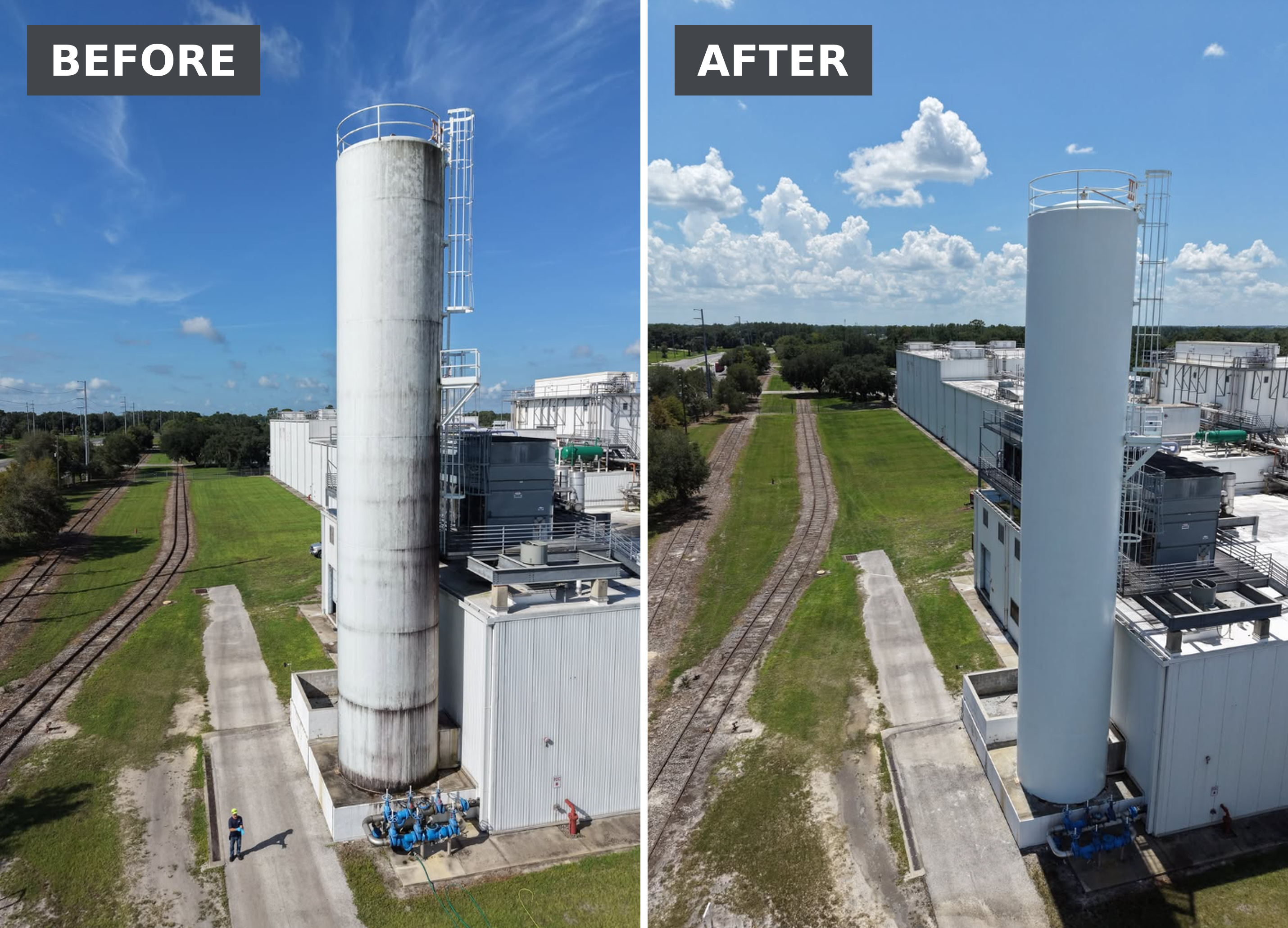 The before picture is a grain silo with mildew on the right and horizontal mildew stains. The after shot of the silo is pure white.