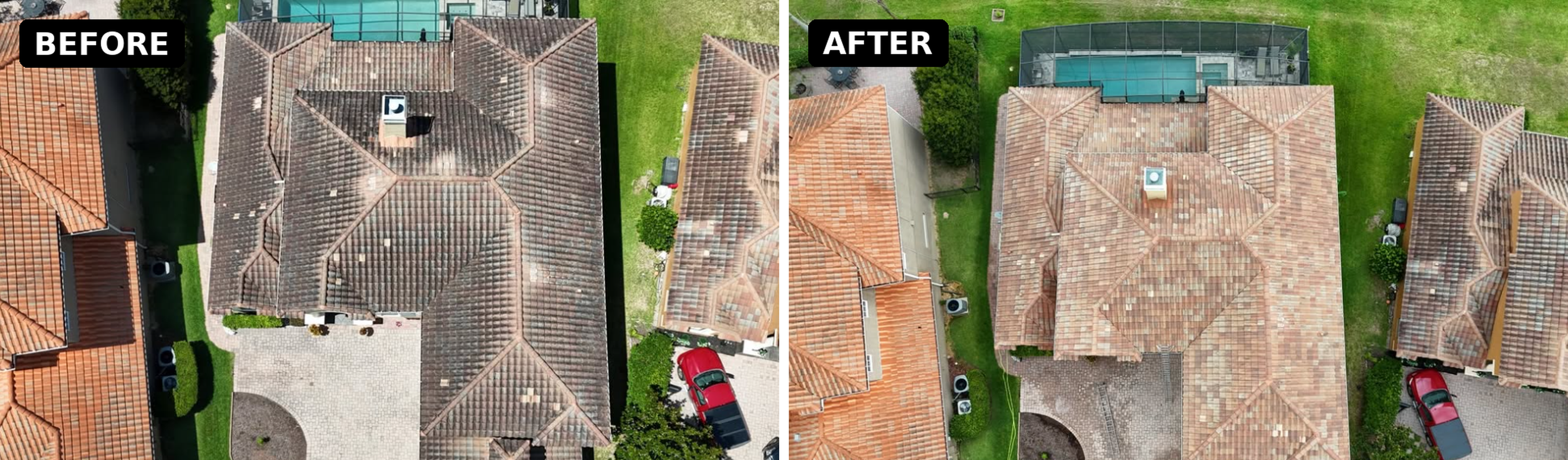 Before picture is a red tile roof that looks black. After picture there is no more dark mildew and the roof is a soft orange.
