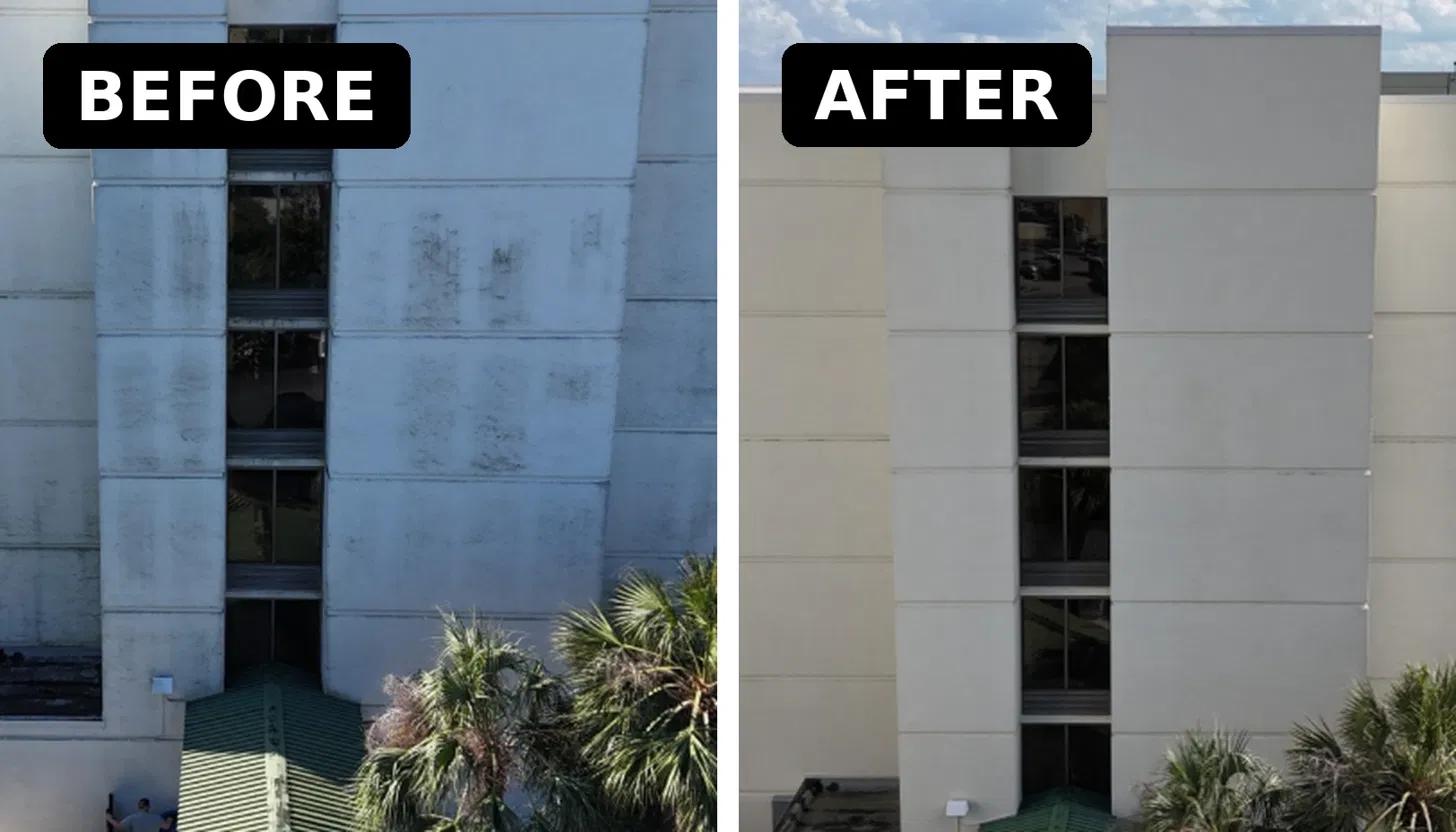 The before picture is a white building with grey vertical streaking. The after image is pure white.