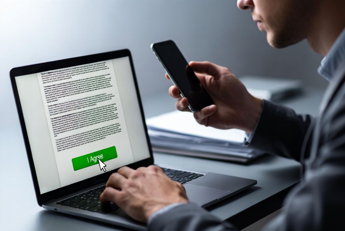 Image of person at computer with document on screen and a big "I Agree" but at bottom with cursor over it. It is an analogy of a lot of documents that people do not read but just click the Agree or Accept button.