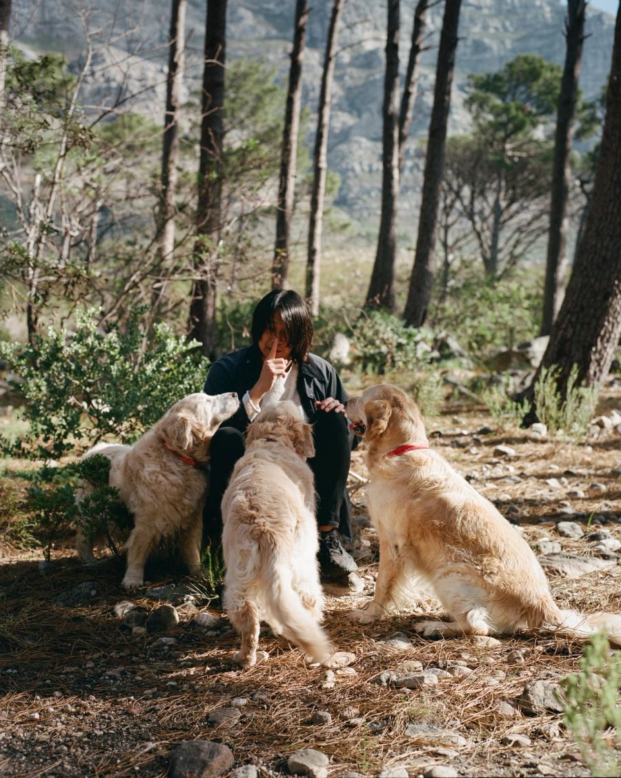 Woman crouching among three golden retrievers in the forest, Deer Park, Cape Town. Film photograph by Nicolò Pudel