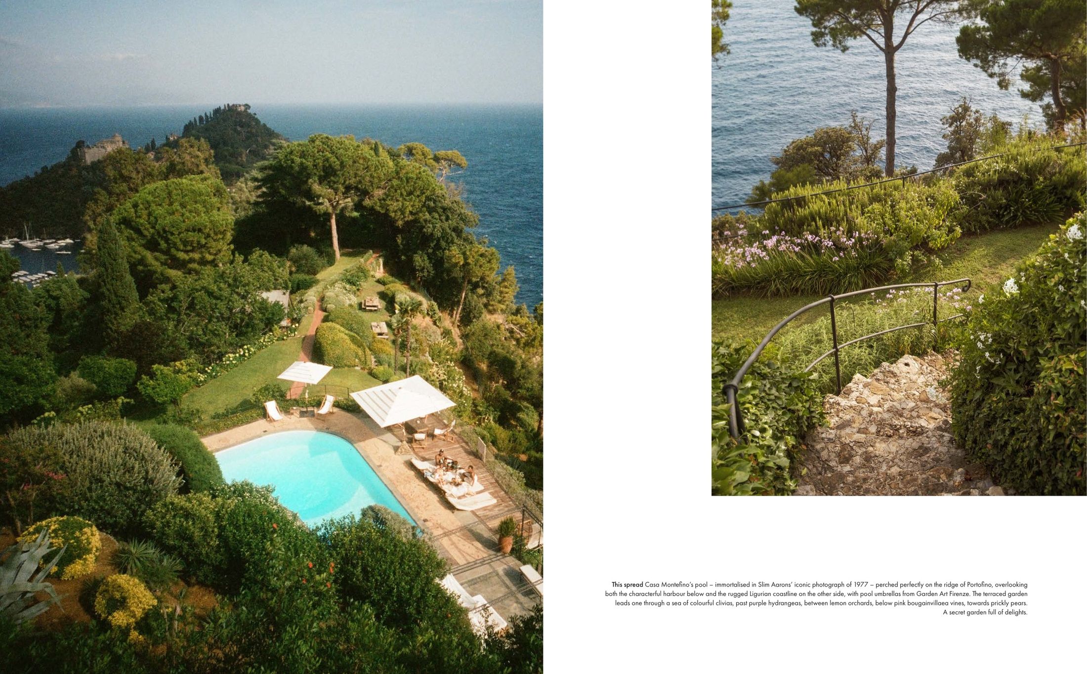 A clifftop villa with a swimming pool surrounded by lush Mediterranean gardens overlooks the blue sea, film photograph by Nicolò Pudel.