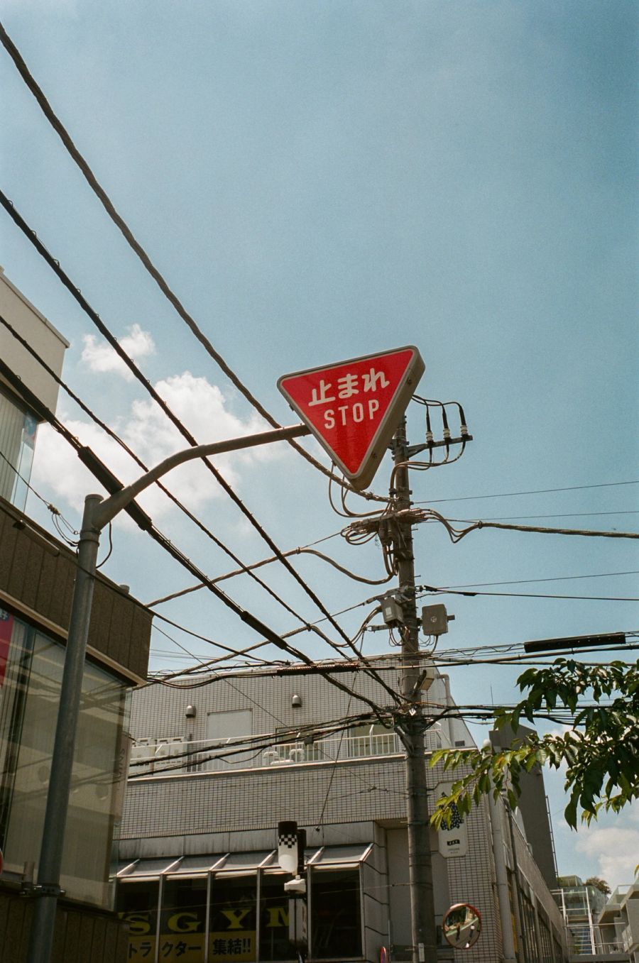 Red triangular stop sign with Japanese characters mounted on a utility pole amid tangled power lines, film photograph by Nicolò Pudel.