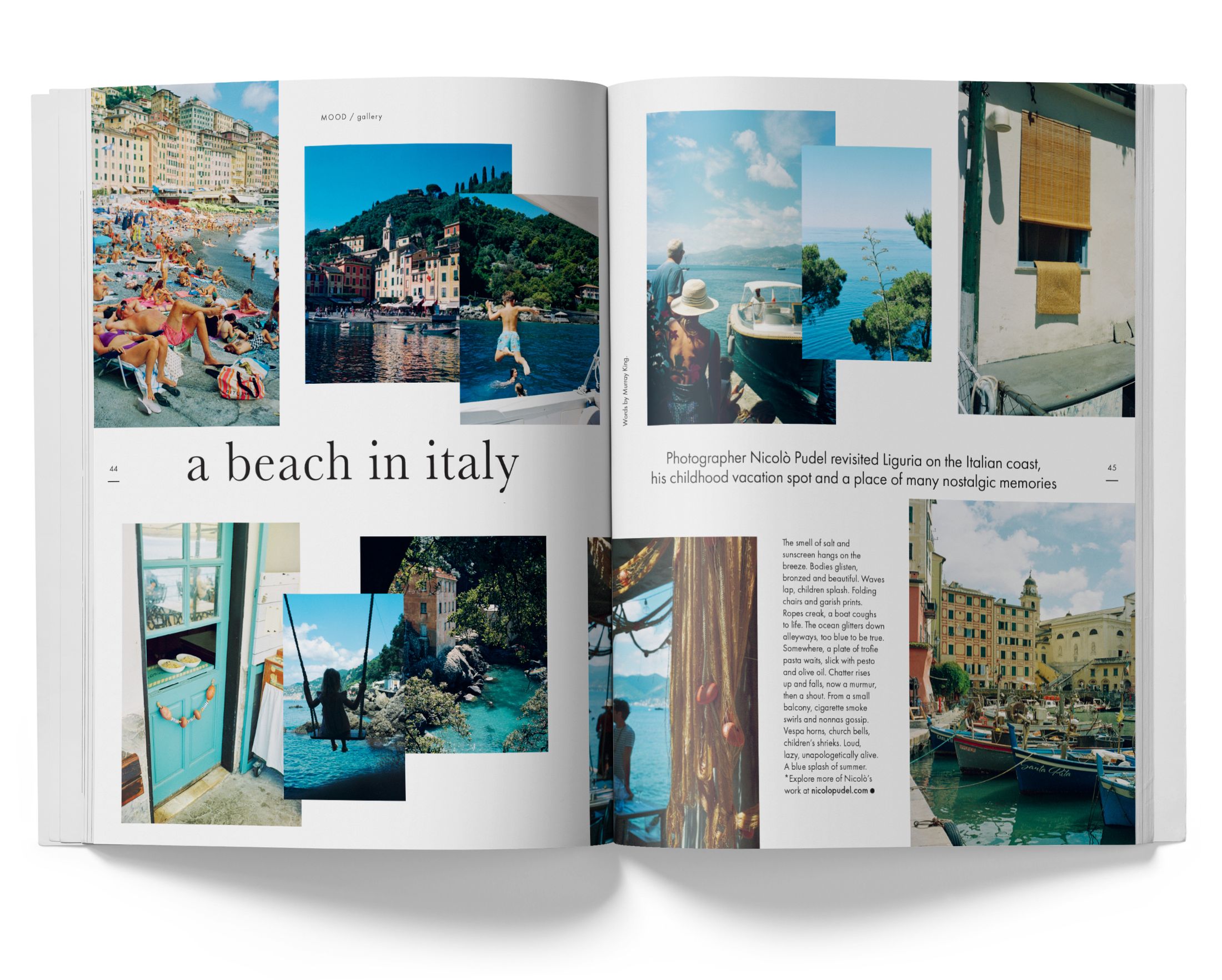 A beach in Italy opening spread from House and Leisure, pp. 44-45, photographs by Nicolò Pudel