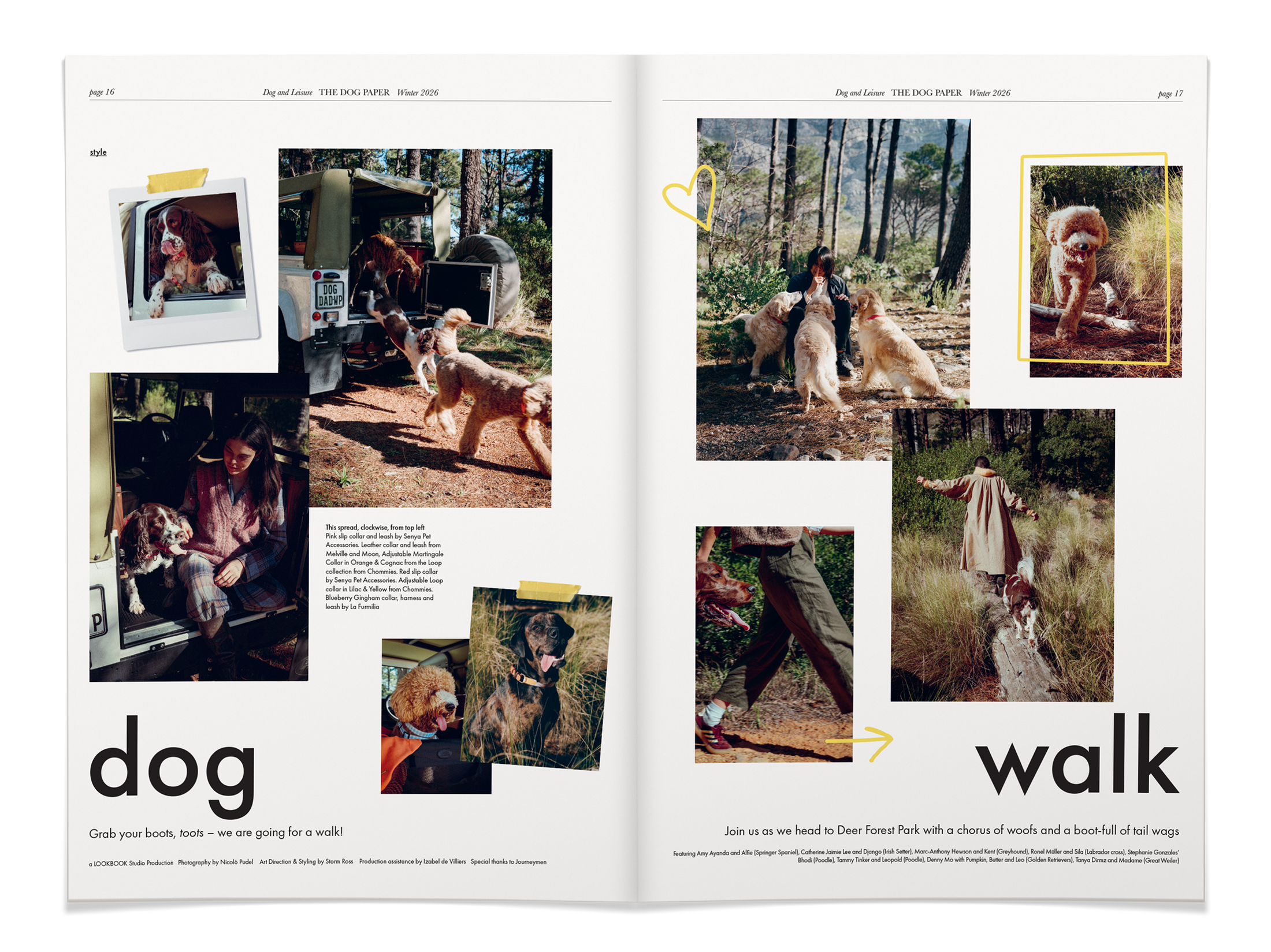 The dog walk opening spread from The Dog Paper, pp. 16-17, photographs by Nicolò Pudel