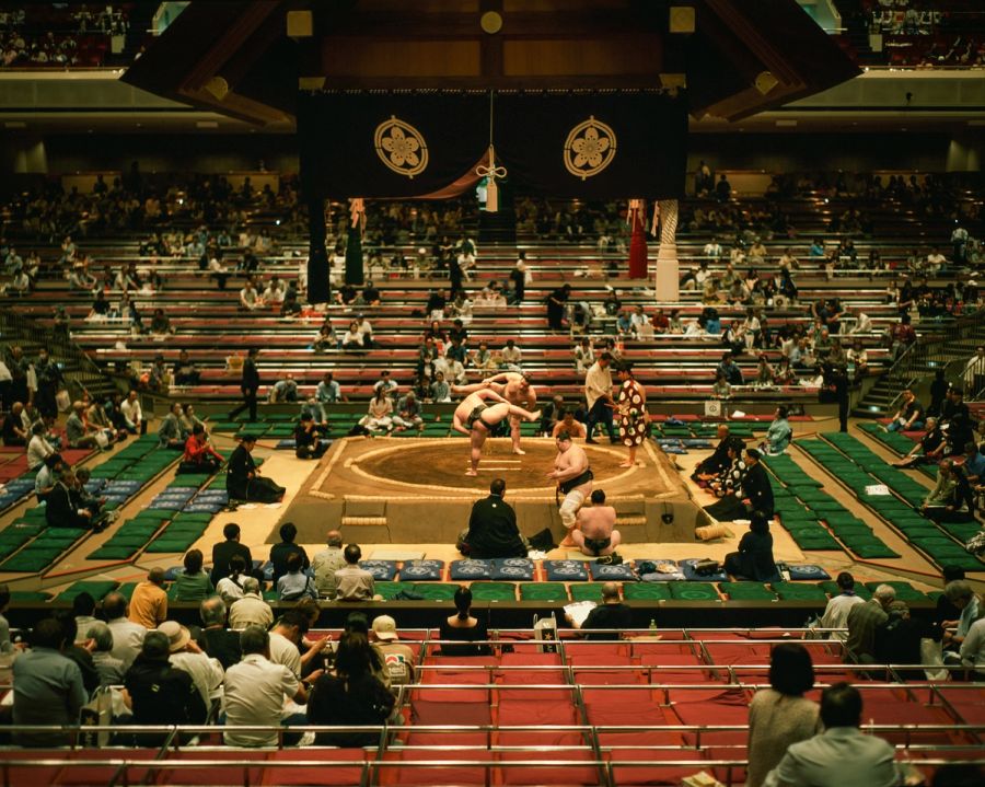Sumo wrestlers competing in a ring inside a packed arena with decorative gold emblems overhead, film photograph by Nicolò Pudel.