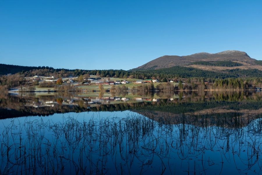 Farm buildings and a mountain reflected in a still lake, Norway, photographed on film. Film photograph by Nicolò Pudel
