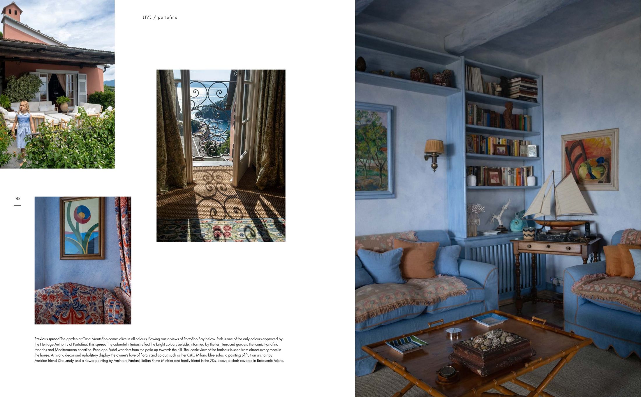 Magazine spread showing interior and exterior photographs of a palazzo residence with blue-painted rooms, ornate balcony views, and coastal Italian setting.