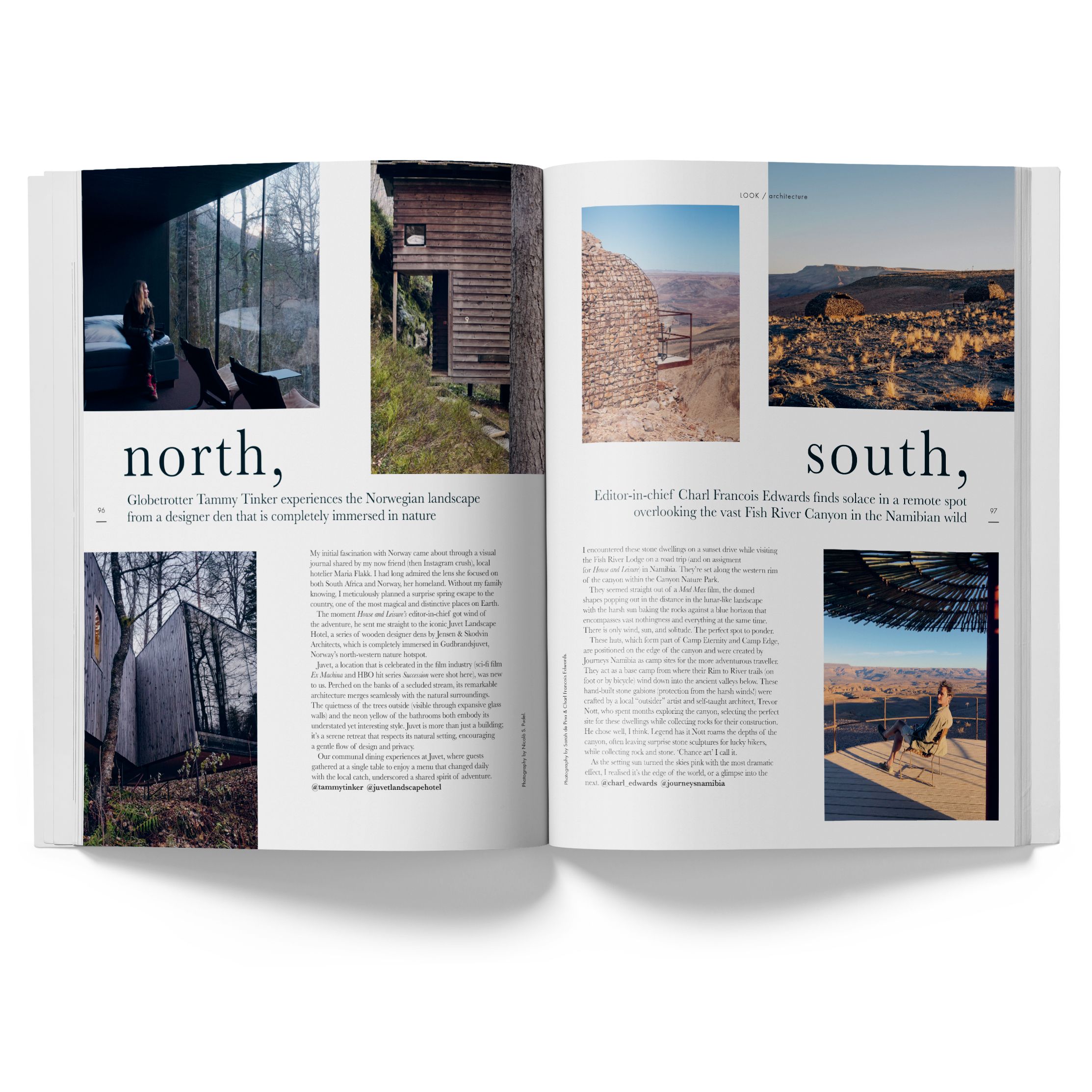 Magazine spread titled north, south, from the Norway and Namibia feature, photographs by Nicolò Pudel