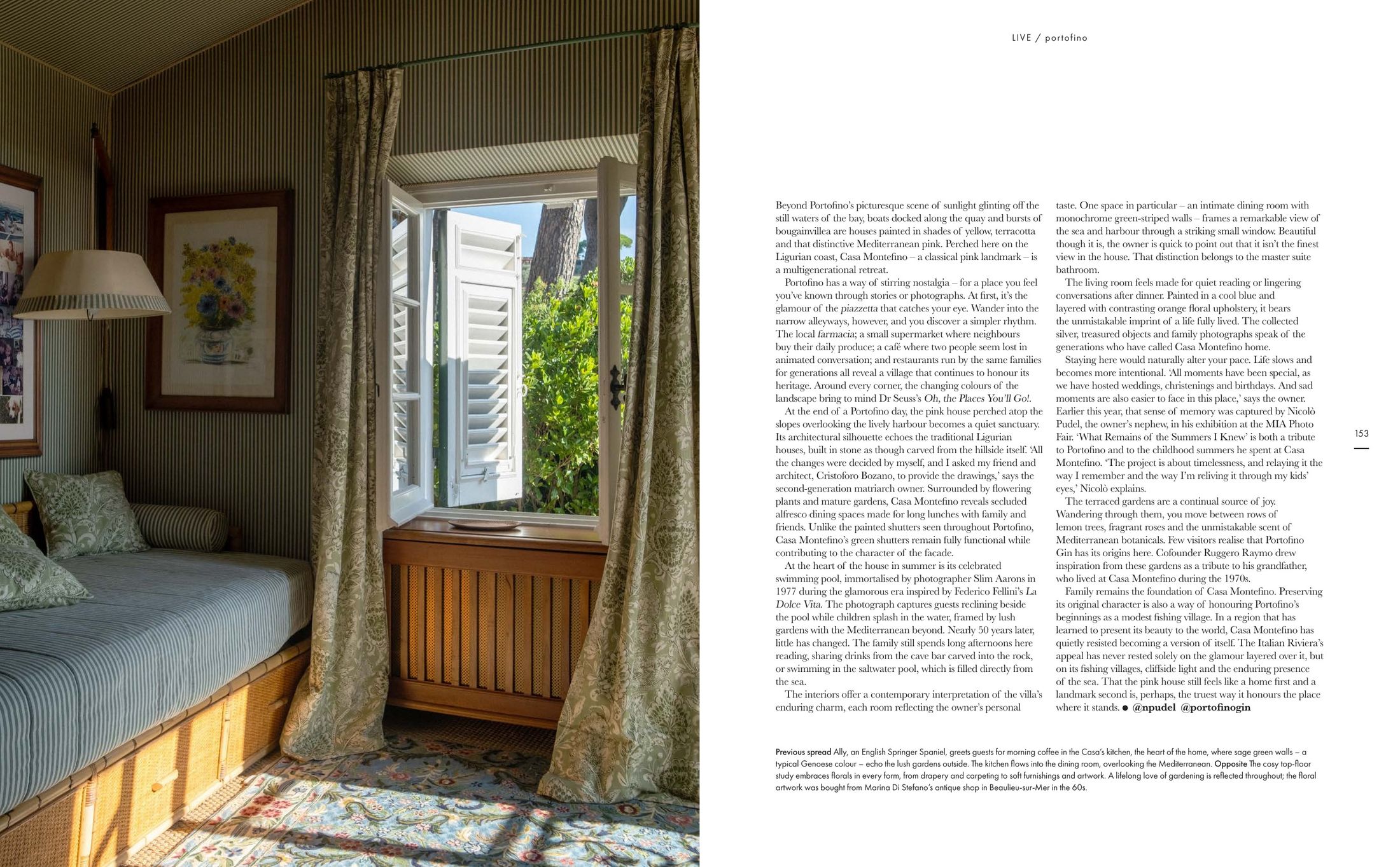Magazine spread featuring a sunlit bedroom with open shuttered window overlooking Mediterranean vegetation, Cala Mondrian, Ibiza, Spain.