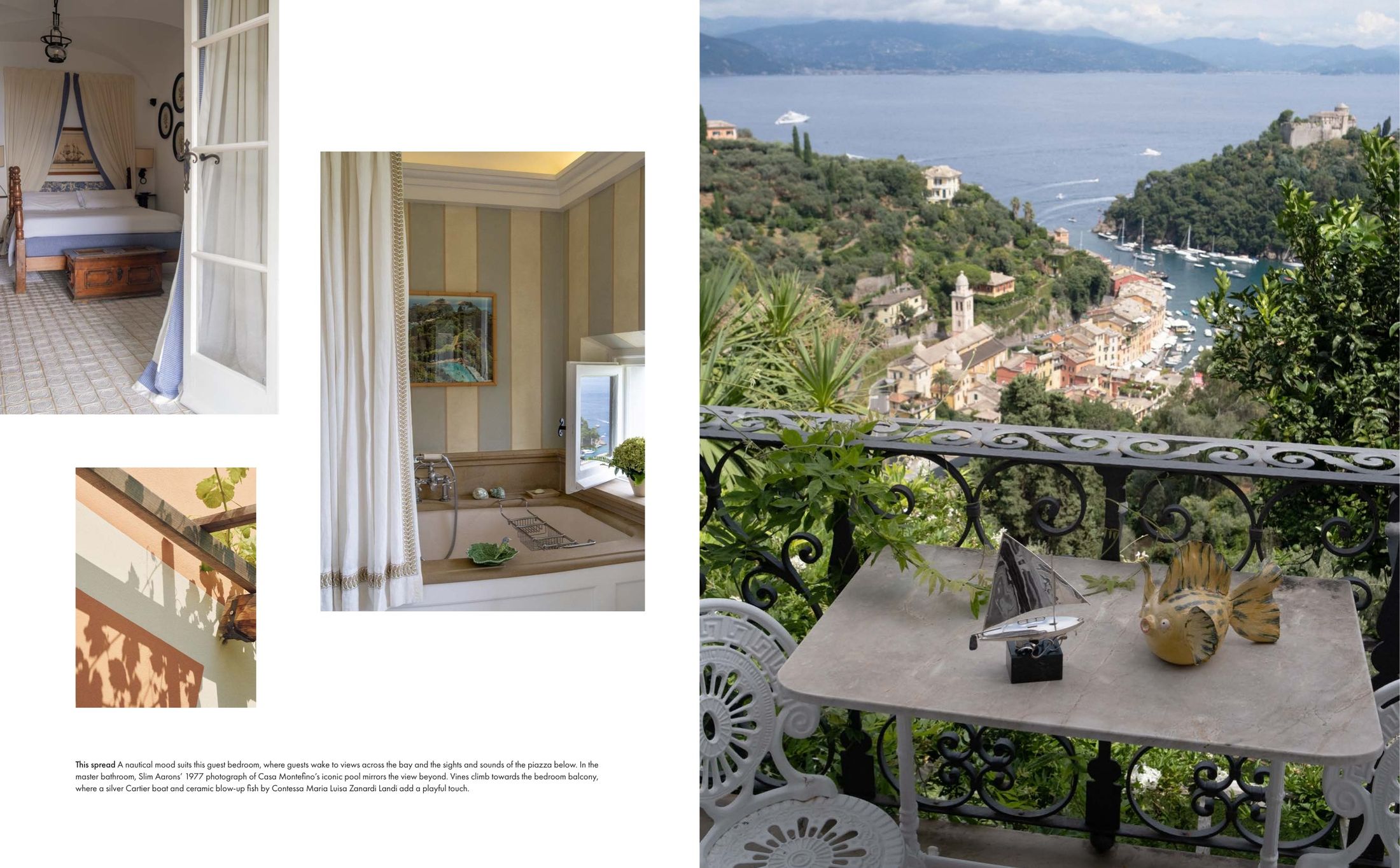 Magazine spread featuring luxurious interiors and a coastal Mediterranean terrace overlooking a seaside village and bay.