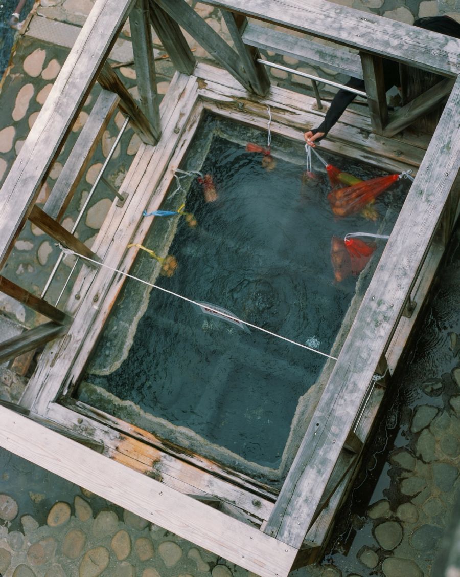 A person feeds red fish in a wooden tank with green water, film photograph by Nicolò Pudel.