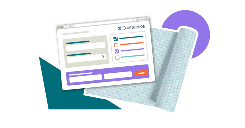 A blueprint beside a browser window showing a form in Confluence
