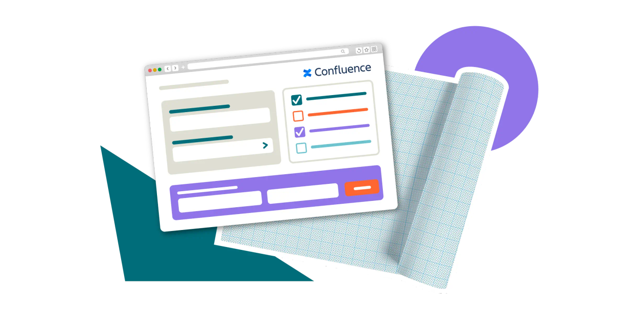 A Confluence form sits in front of a blank roll of blueprint