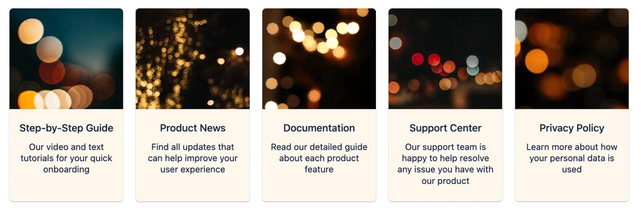 A row of five advanced cards with headings including "Step-by-Step Guide" and "Documentation"