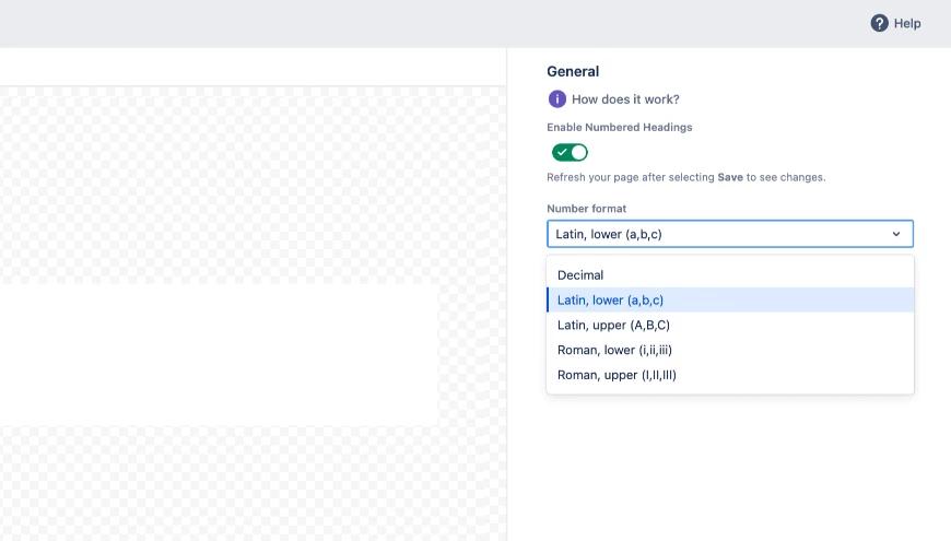 A screenshot of the Numbered Headings options window in Confluence