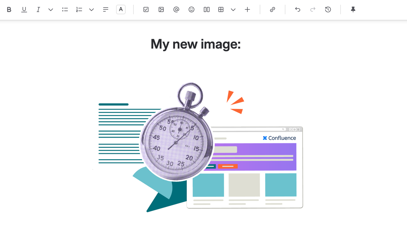 A screenshot of a Confluence page with an image of a clock embedded
