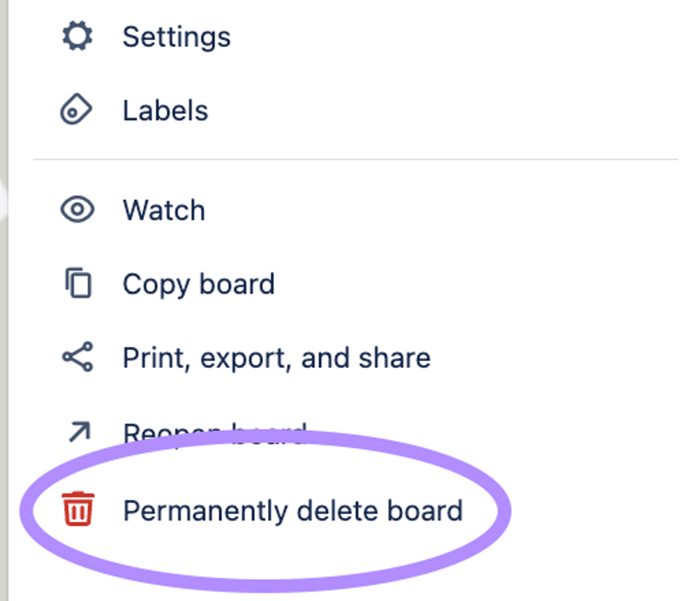 A screenshot showing the option to permanently delete a Trello board once closed